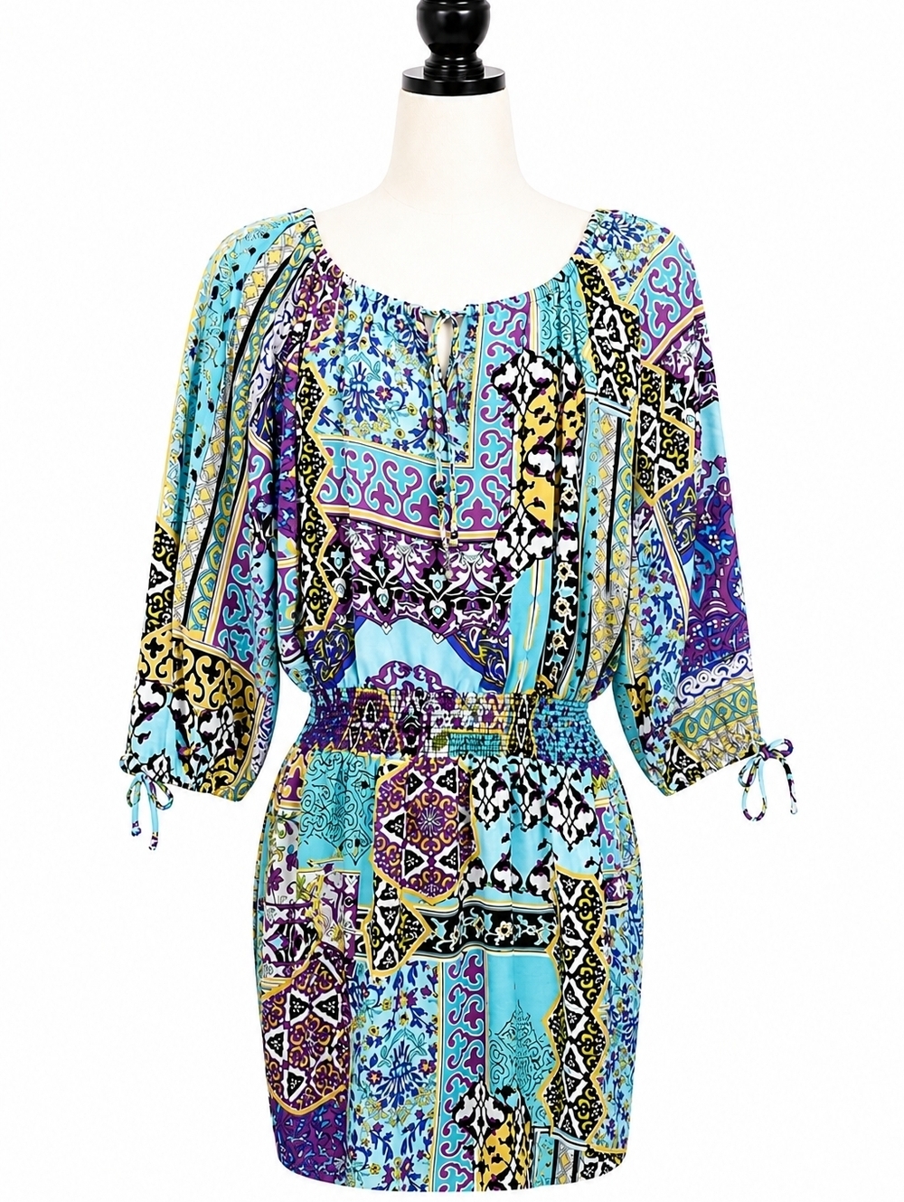 Cache Women's Colorful Print Blouson Mini Dress Sz M Casual Vacation Travel Y2K